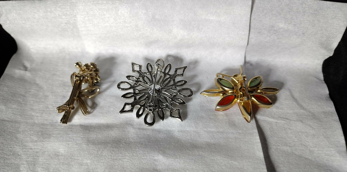 3 vintage brooches, flower bouquet, snowflake rhinestone, bug/butterfly