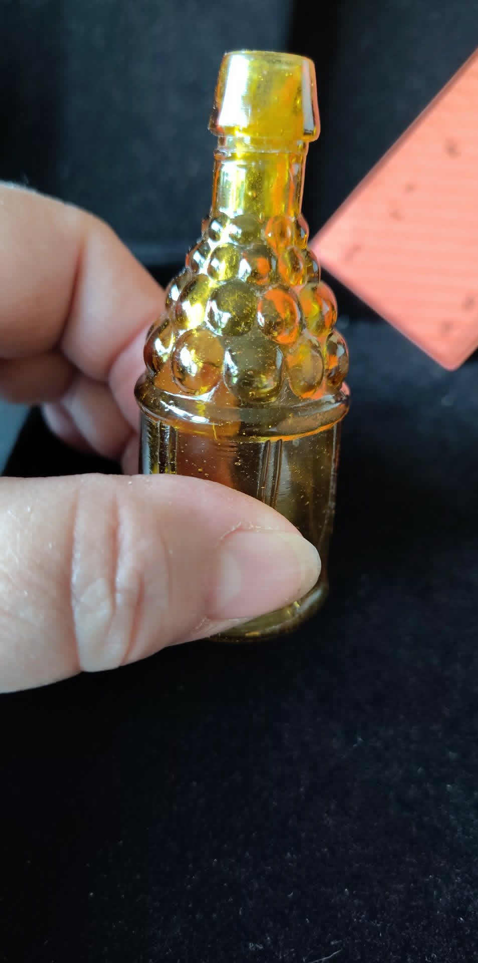 Vintage mini amber glass bitters bottle, made in Taiwan, 3 inches