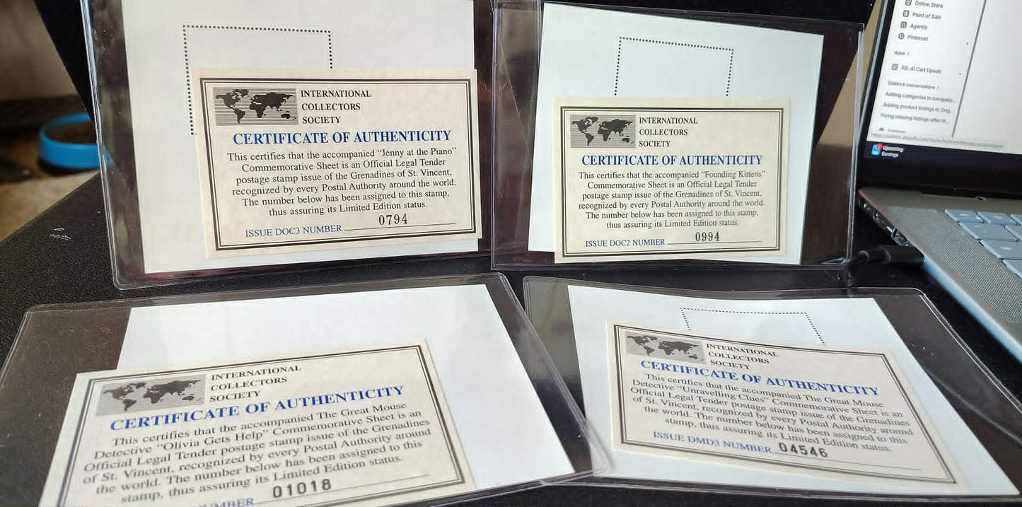 4 MNH sheets, 2 Oliver & Co, 2 Great Mouse Detectives, COAs