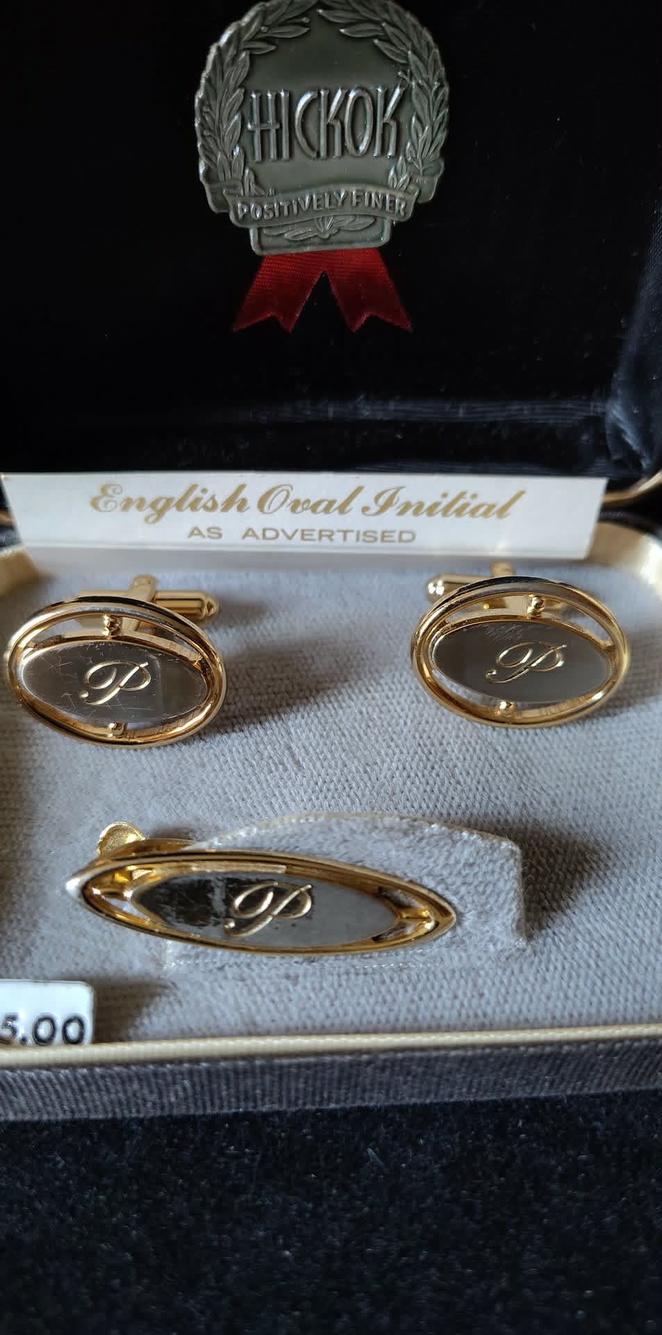 Vintage Hickock Monogram P cufflinks & tie bar, original box