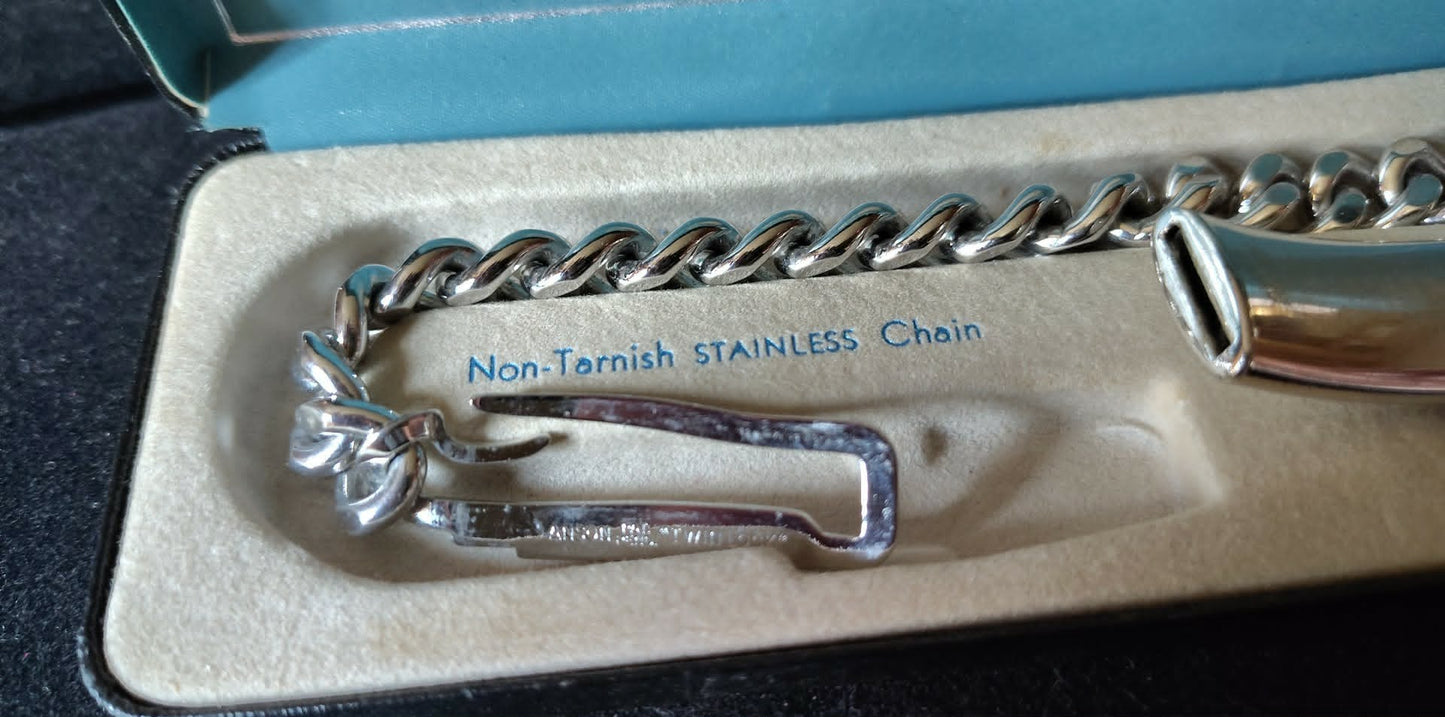 Vintage Anson double Twin-lock ID bracelet, sterling plaque, stainless chain