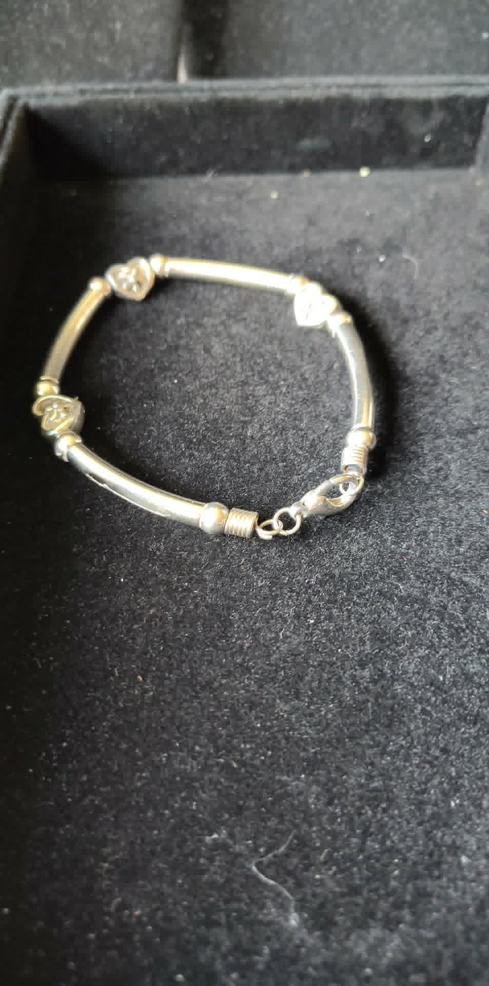 Vintage silver toned tube style bracelet, heart charms, sz 8