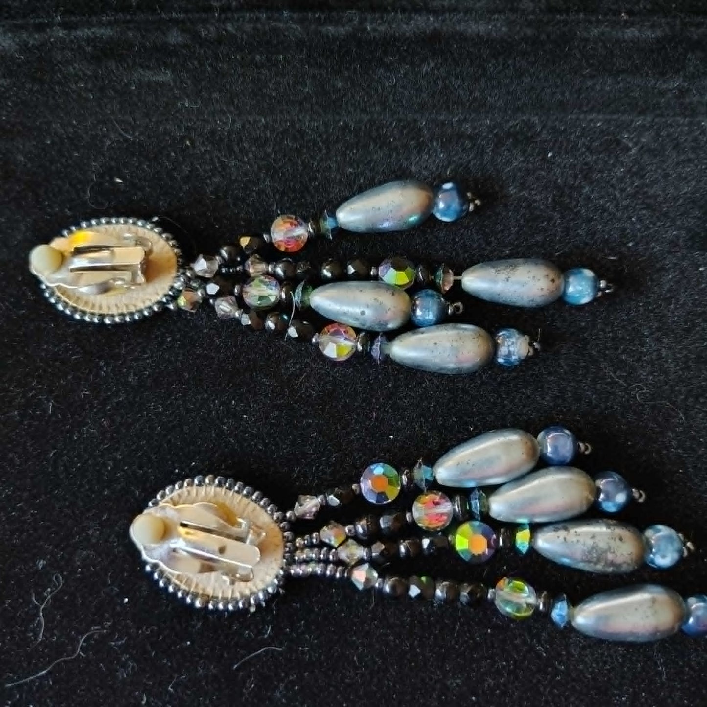Vintage Mother of Pearl Abalone dangle clip-on earrings, beaded