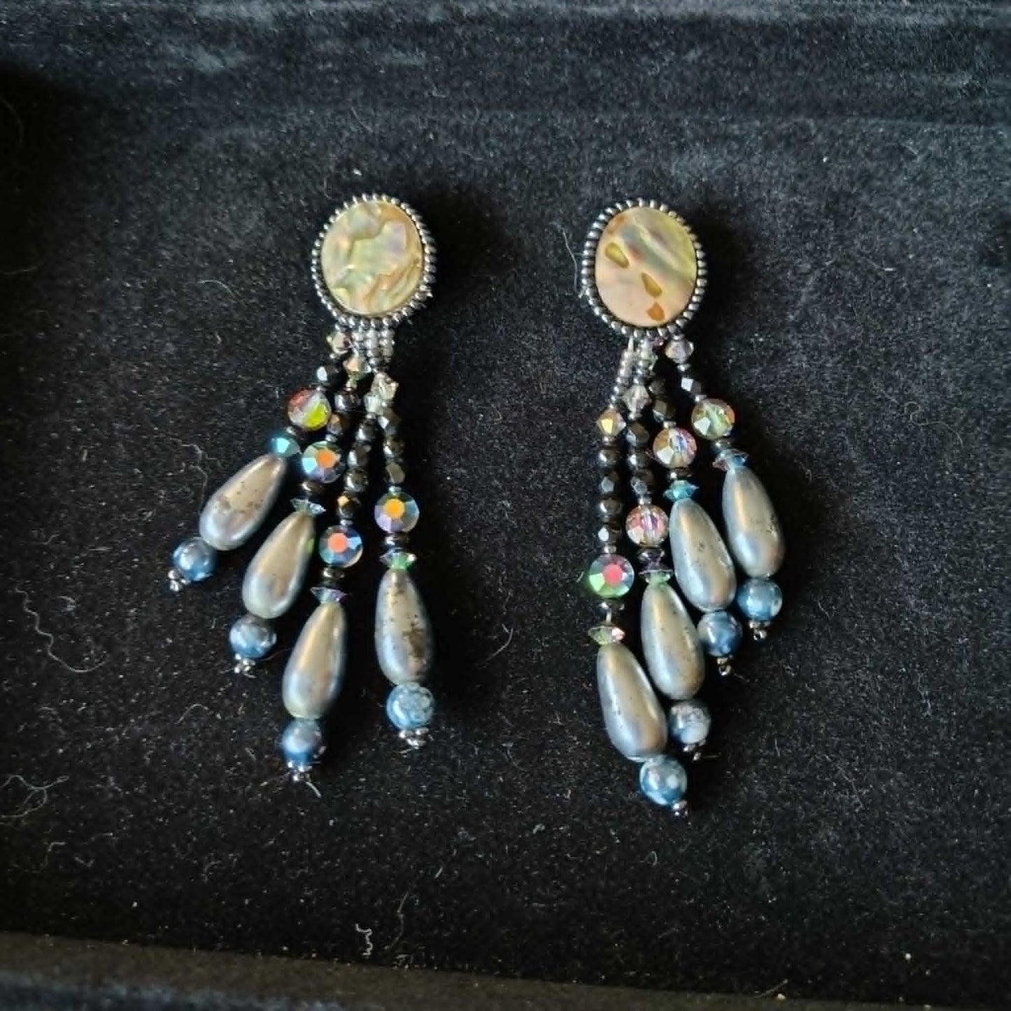 Vintage Mother of Pearl Abalone dangle clip-on earrings, beaded