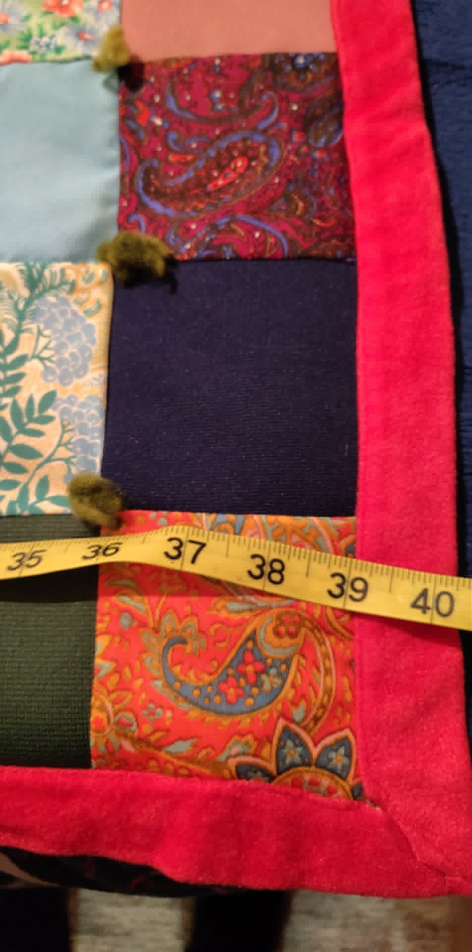 Vintage 70's scrappy homemade 40x40 block lap quilt, double knit