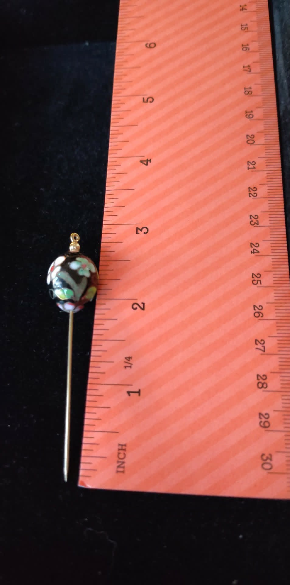 Vintage cloisonne floral hat lapel stick pin, black floral
