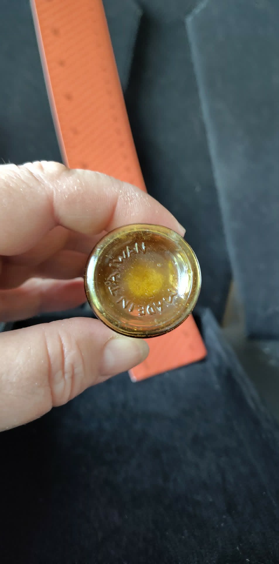 Vintage mini amber glass bitters bottle, made in Taiwan, 3 inches
