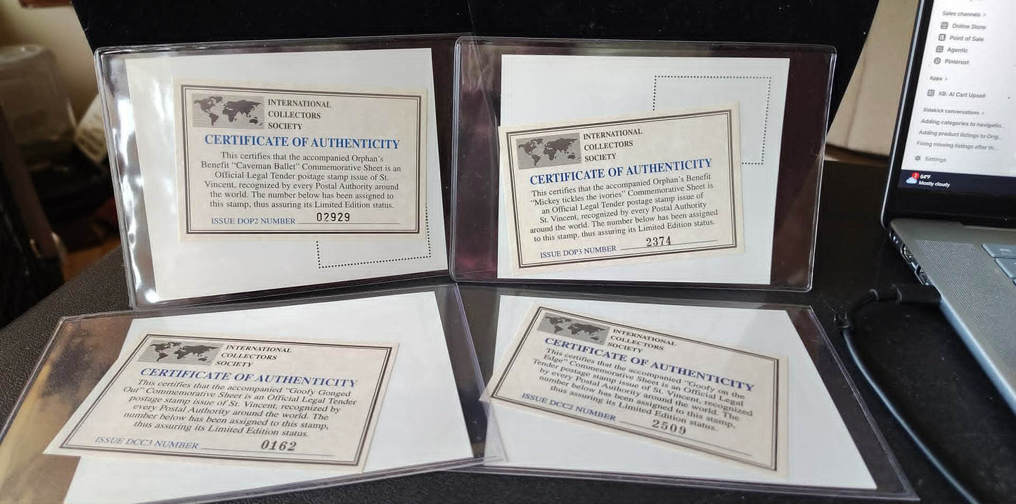 4 MNH ICS sheets, 2 Orphans Benefit, 2 Clock Cleaners, Mickey Goofy