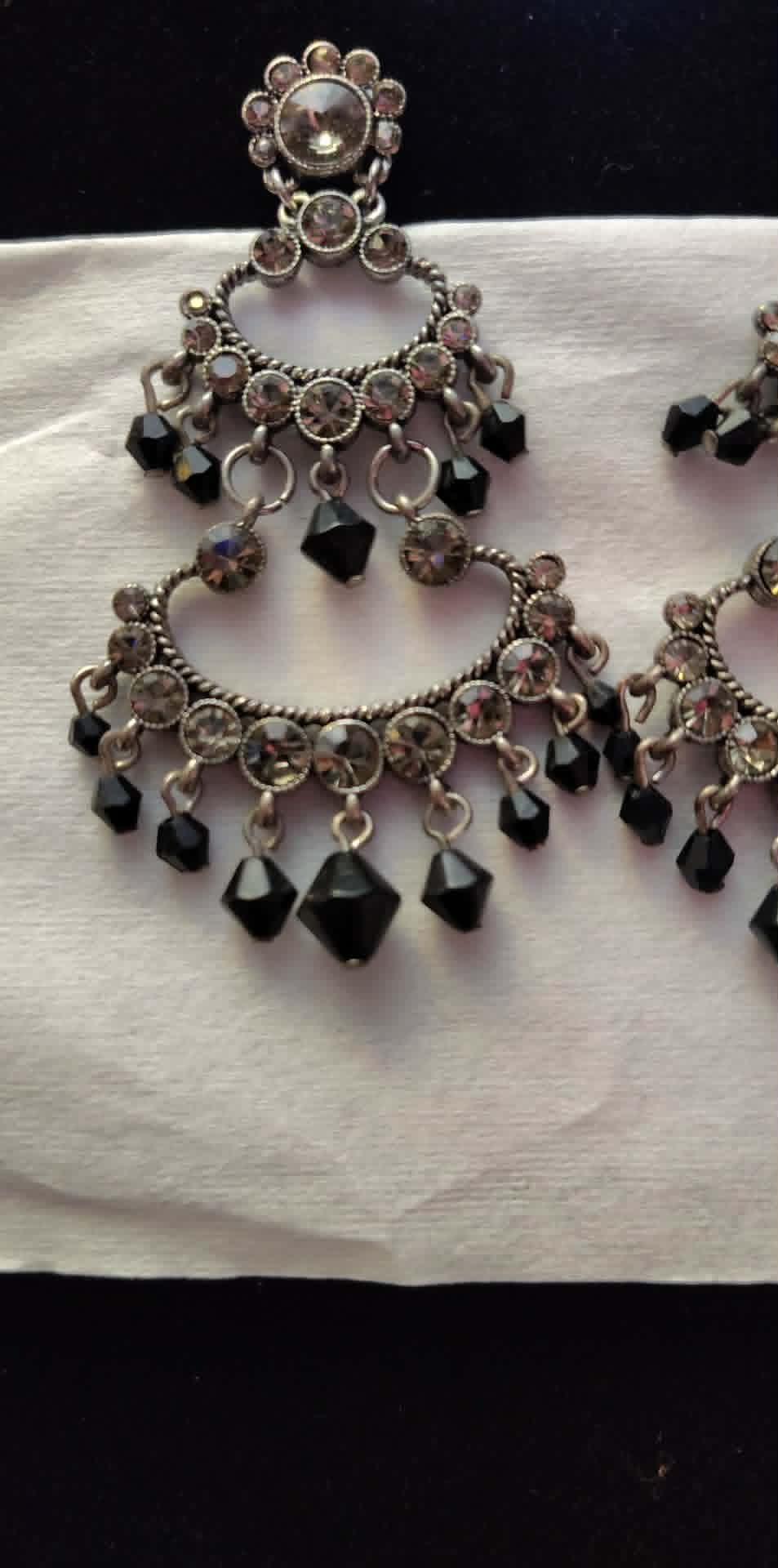 Vintage signed Avon smoky gray chandelier pierced earrings, black dangles