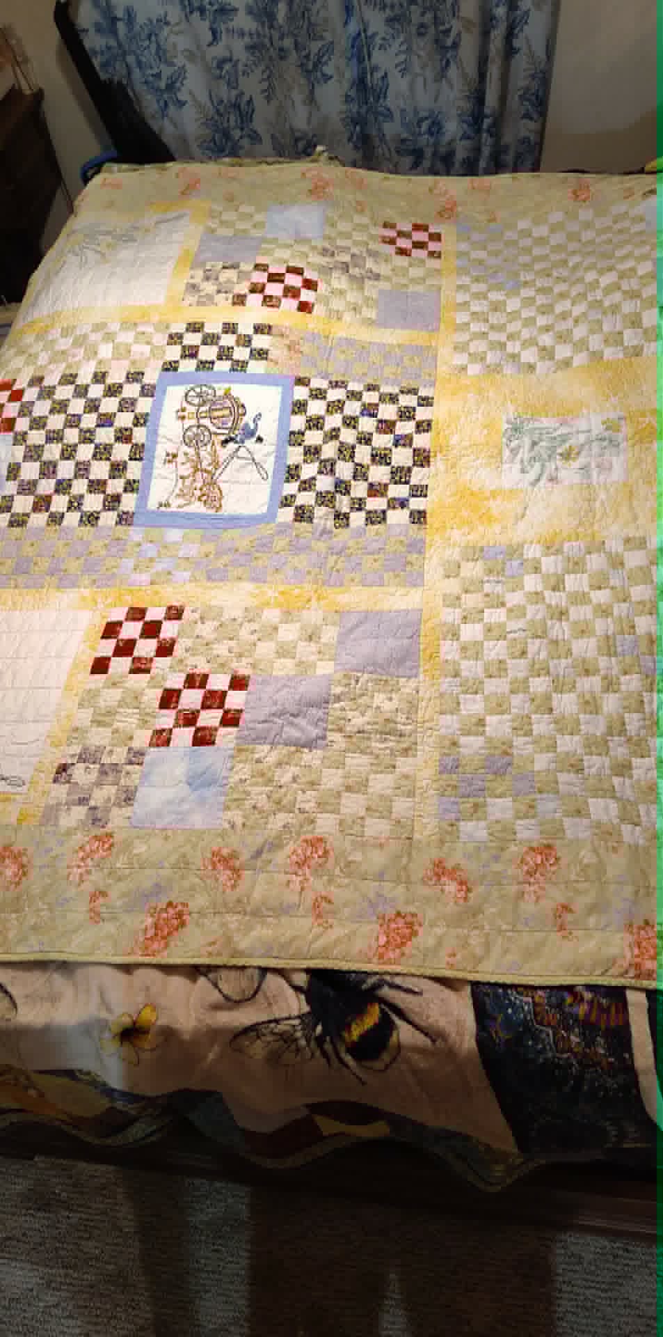 Vintage homemade checkerboard pastel 70x70 quilt, embroidered squares
