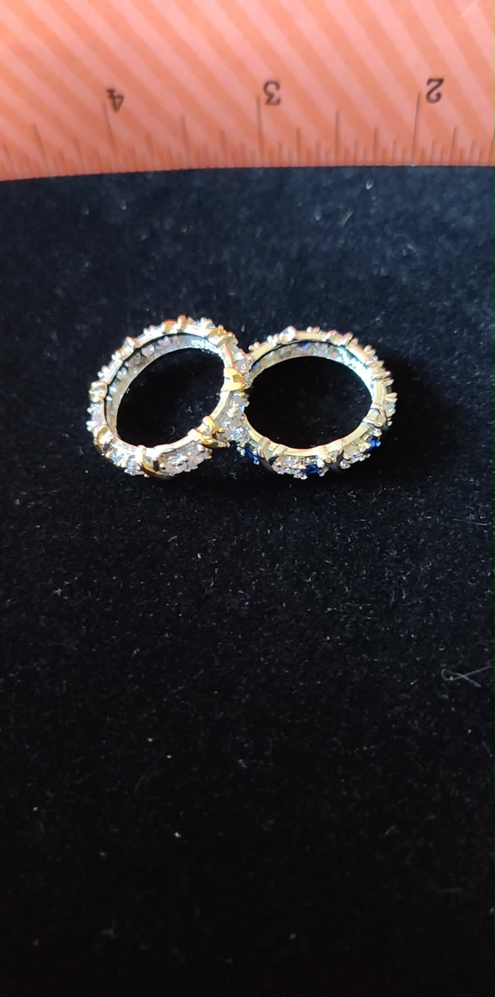 Vintage silver-toned blue & clear stoned ring, & gold-toned clear stoned cross hatch ring 6.75
