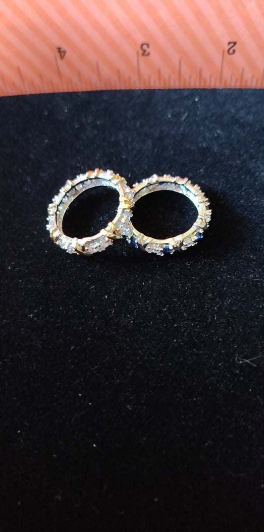 Vintage silver-toned blue & clear stoned ring, & gold-toned clear stoned cross hatch ring 6.75