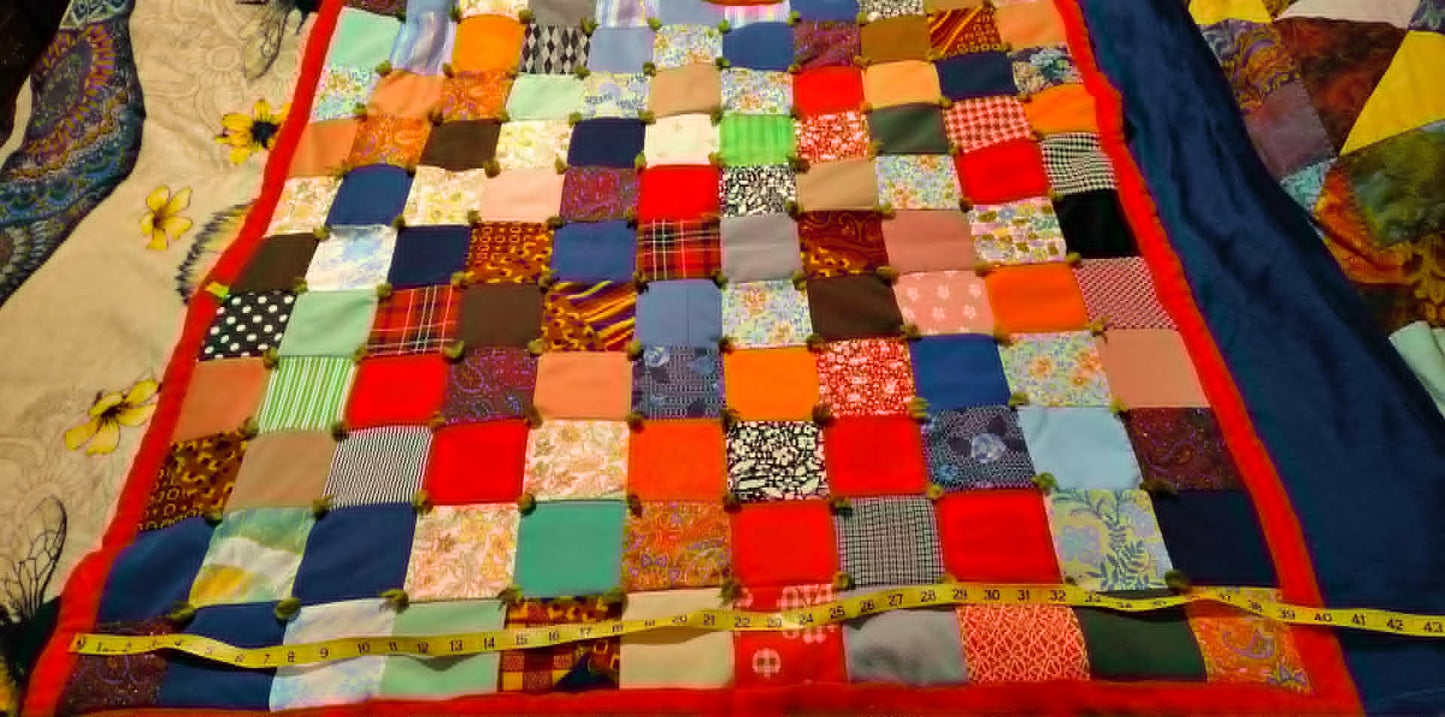 Vintage 70's scrappy homemade 40x40 block lap quilt, double knit