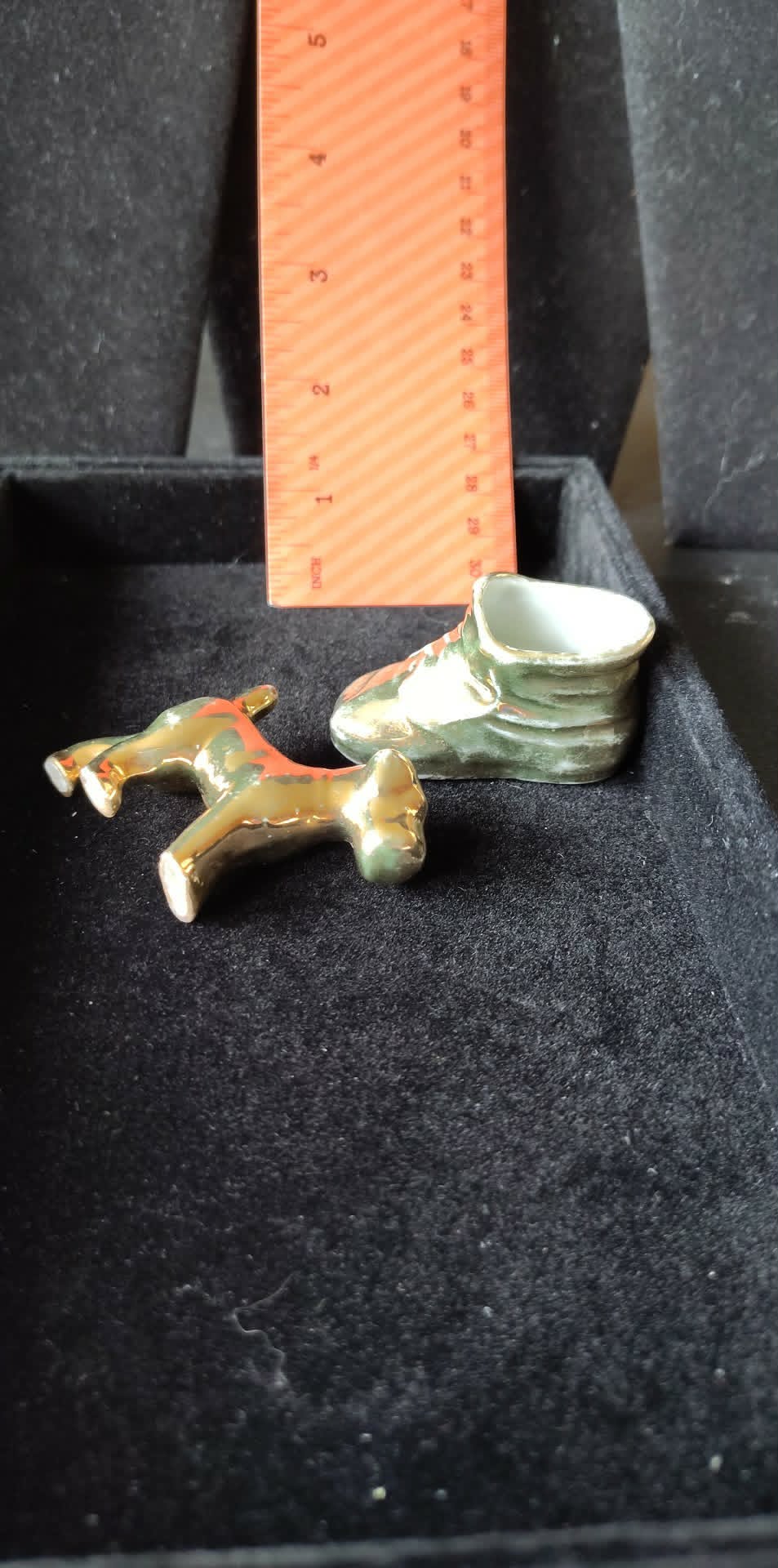 Vintage Japan gold Lusterware ceramic dog and shoe/boot