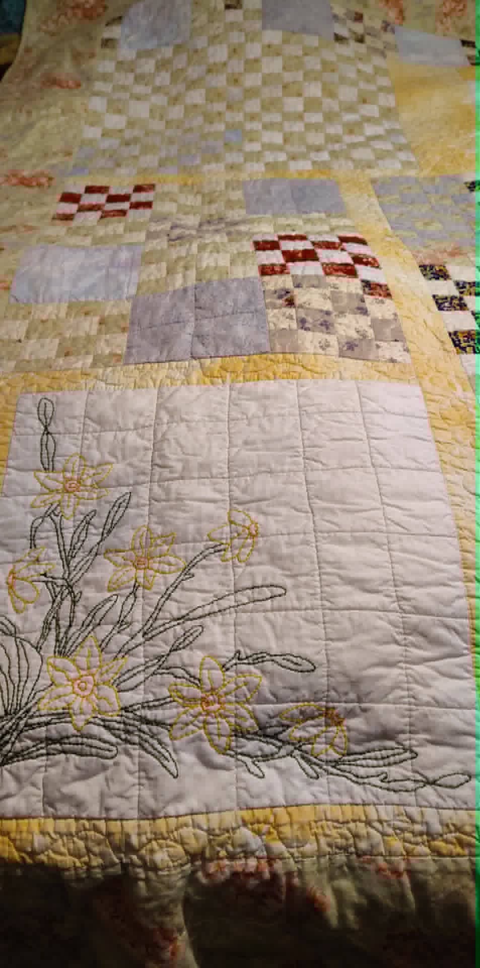 Vintage homemade checkerboard pastel 70x70 quilt, embroidered squares
