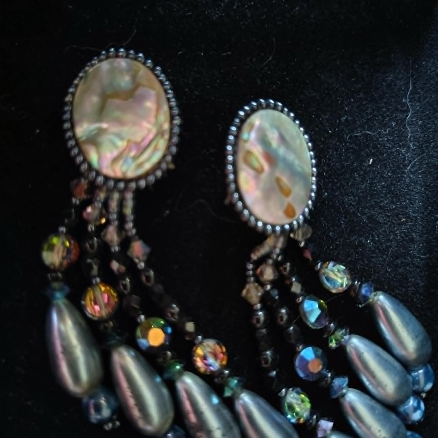 Vintage Mother of Pearl Abalone dangle clip-on earrings, beaded