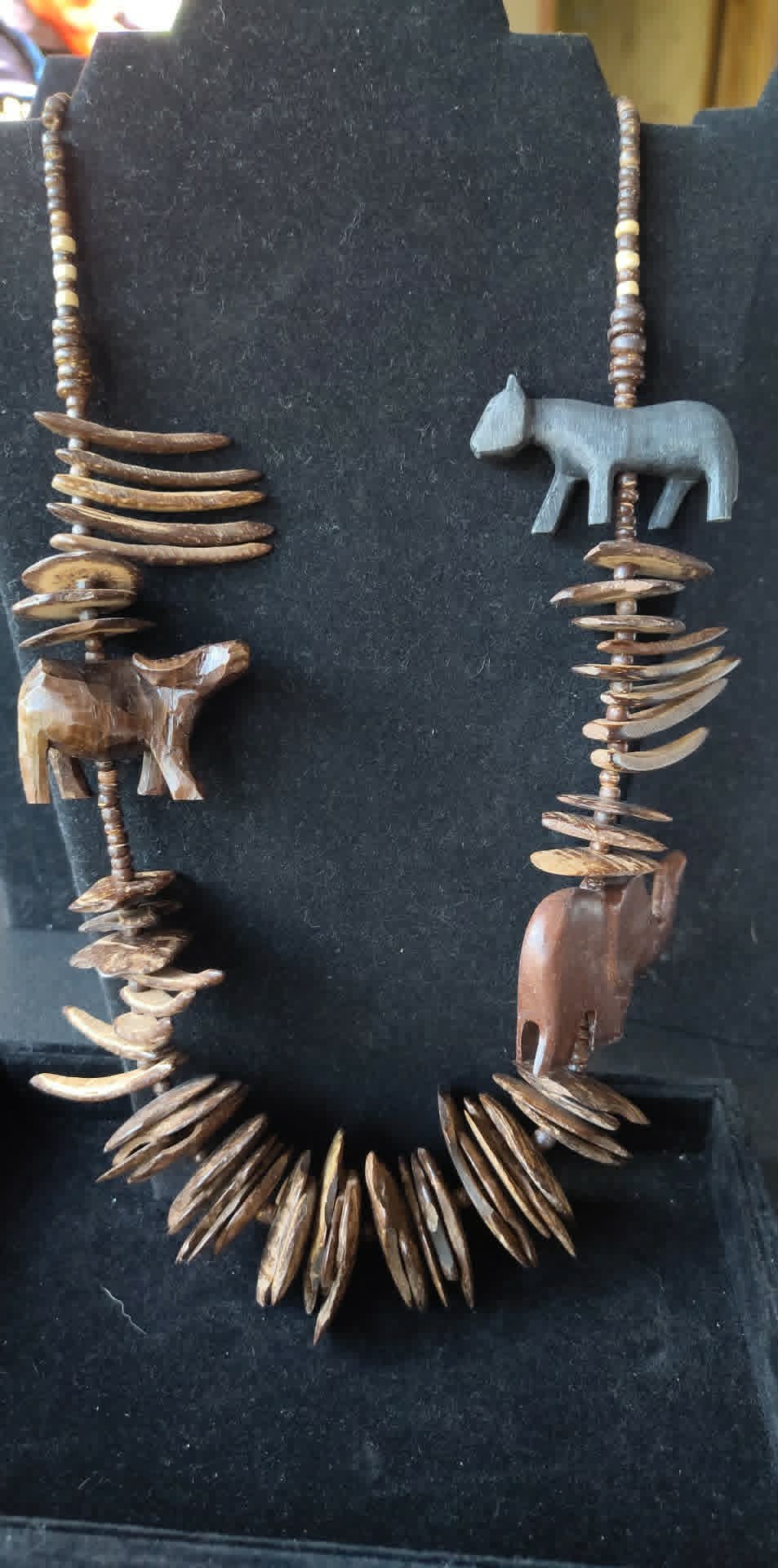Vintage wooden artisan necklace, 28", panther, elephant