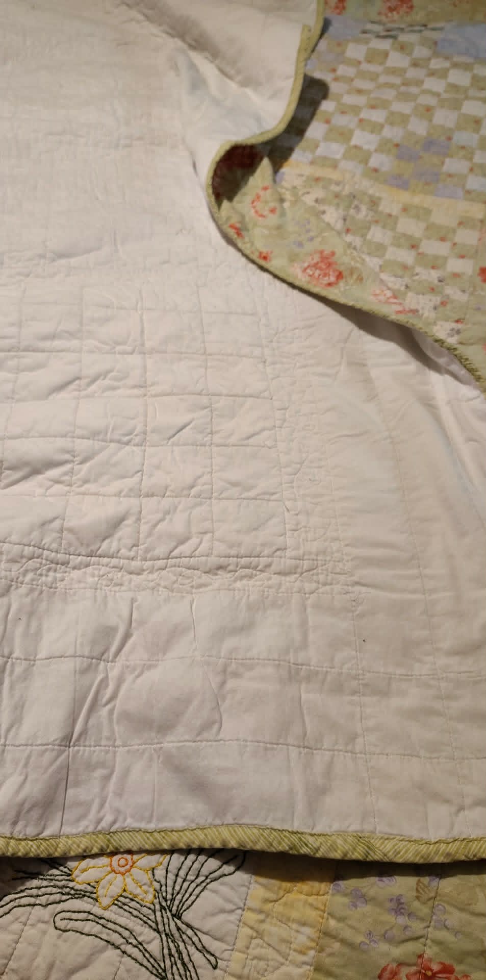 Vintage homemade checkerboard pastel 70x70 quilt, embroidered squares