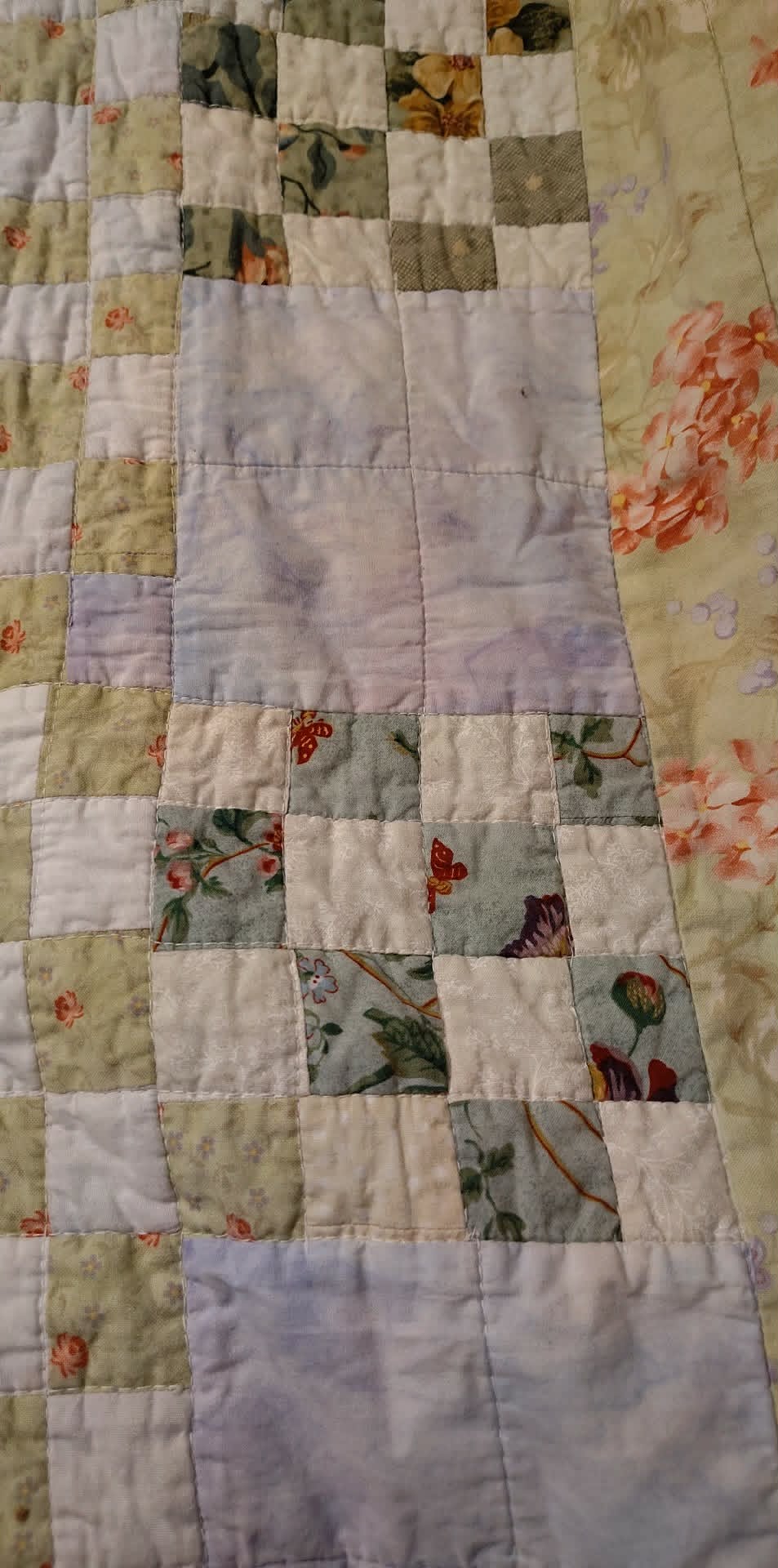 Vintage homemade checkerboard pastel 70x70 quilt, embroidered squares