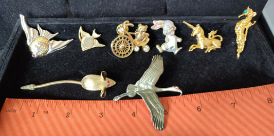 Vintage lot brooch, Bear tricycle, bunny, unicorn, seahorse, mouse, crane