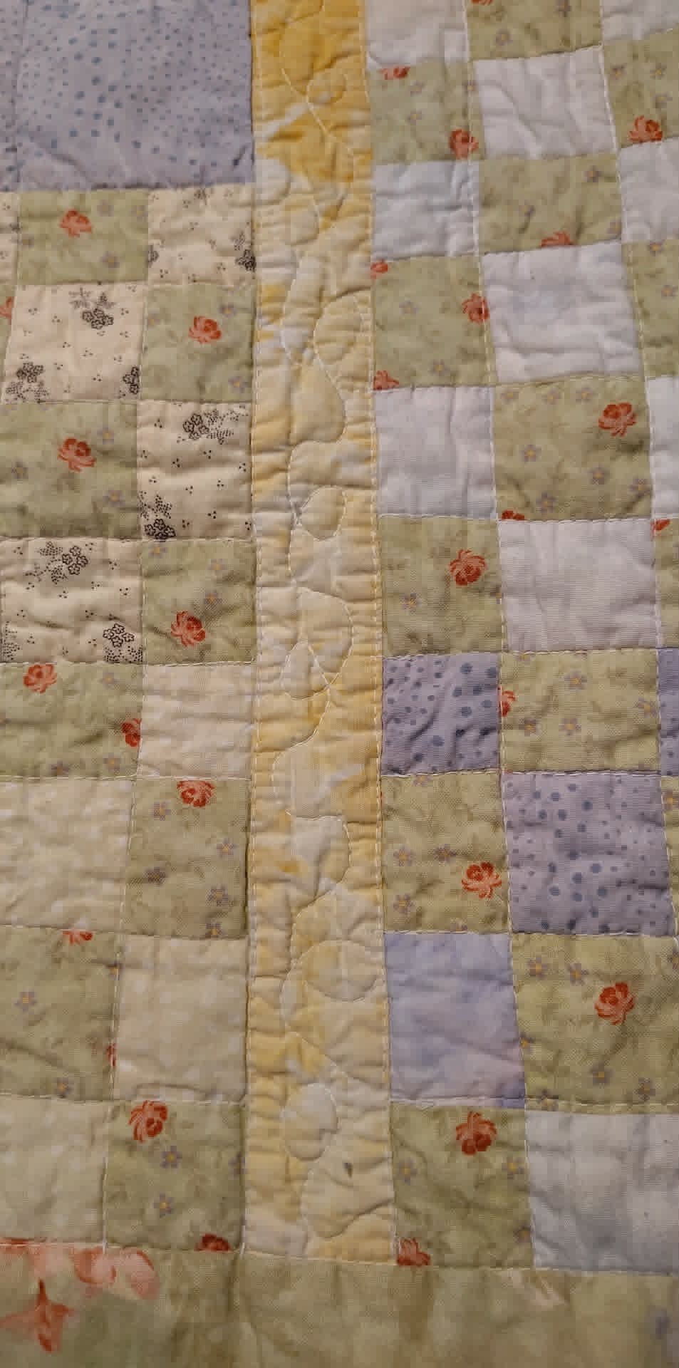 Vintage homemade checkerboard pastel 70x70 quilt, embroidered squares