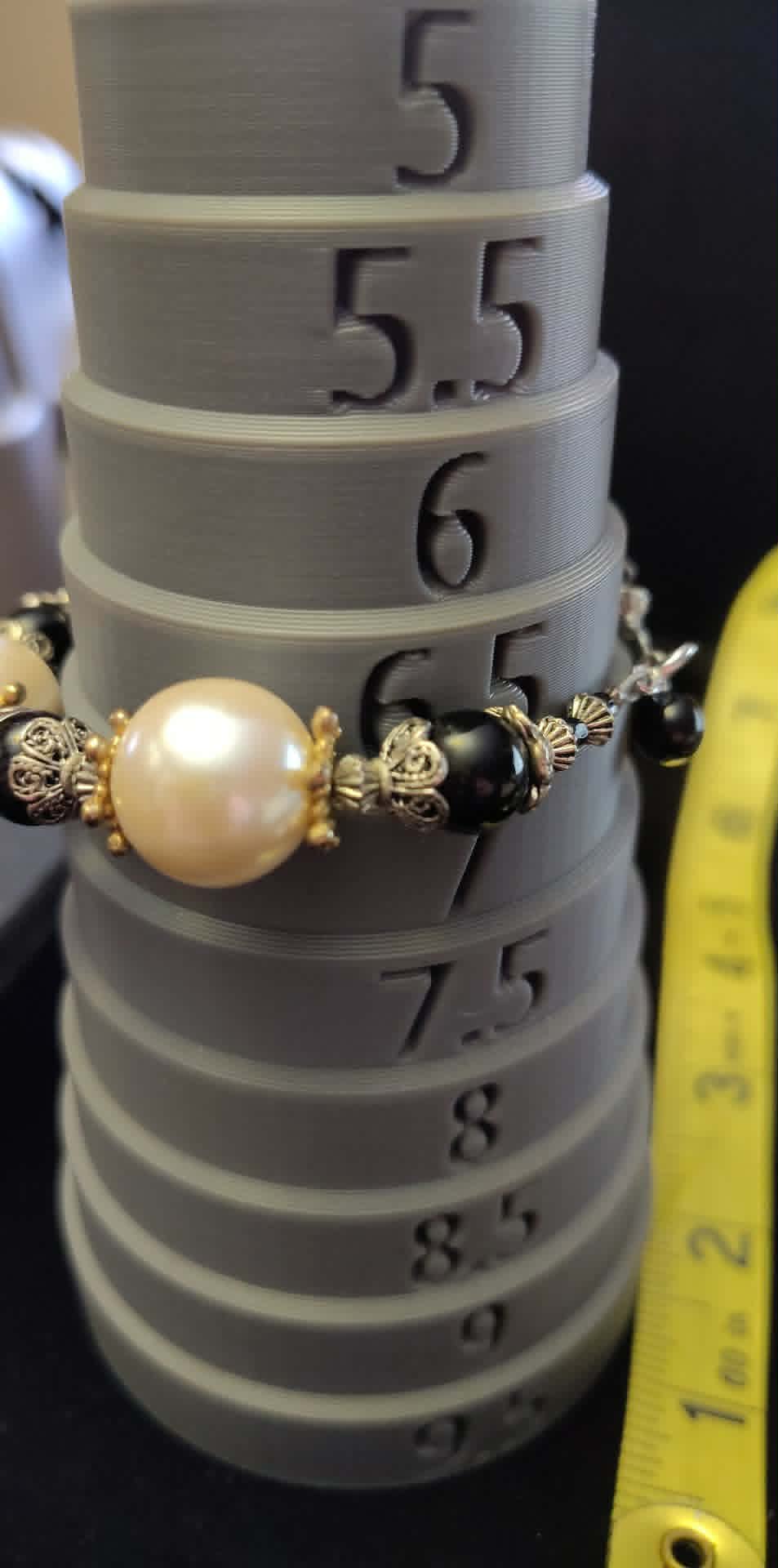 Estate bracelet faux pearl with black, gold & silver tone, size 6.5