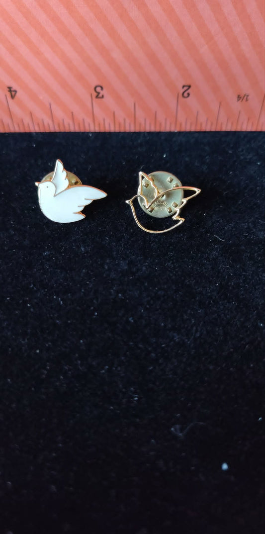 2 vintage dove pins, one white enamel & one gold-toned dove