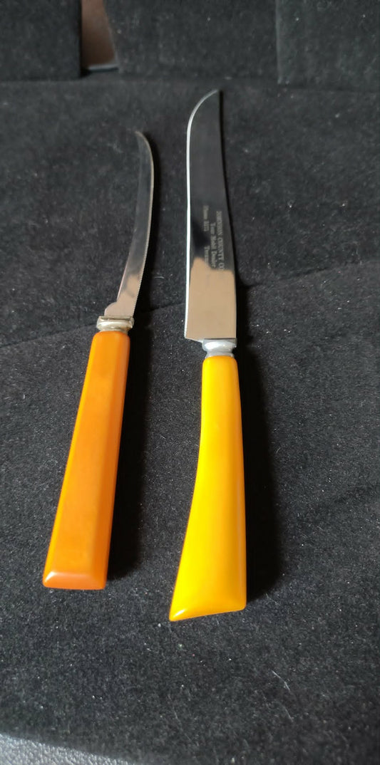 Vintage bakelite handle knives, 10.5" & 9" curved