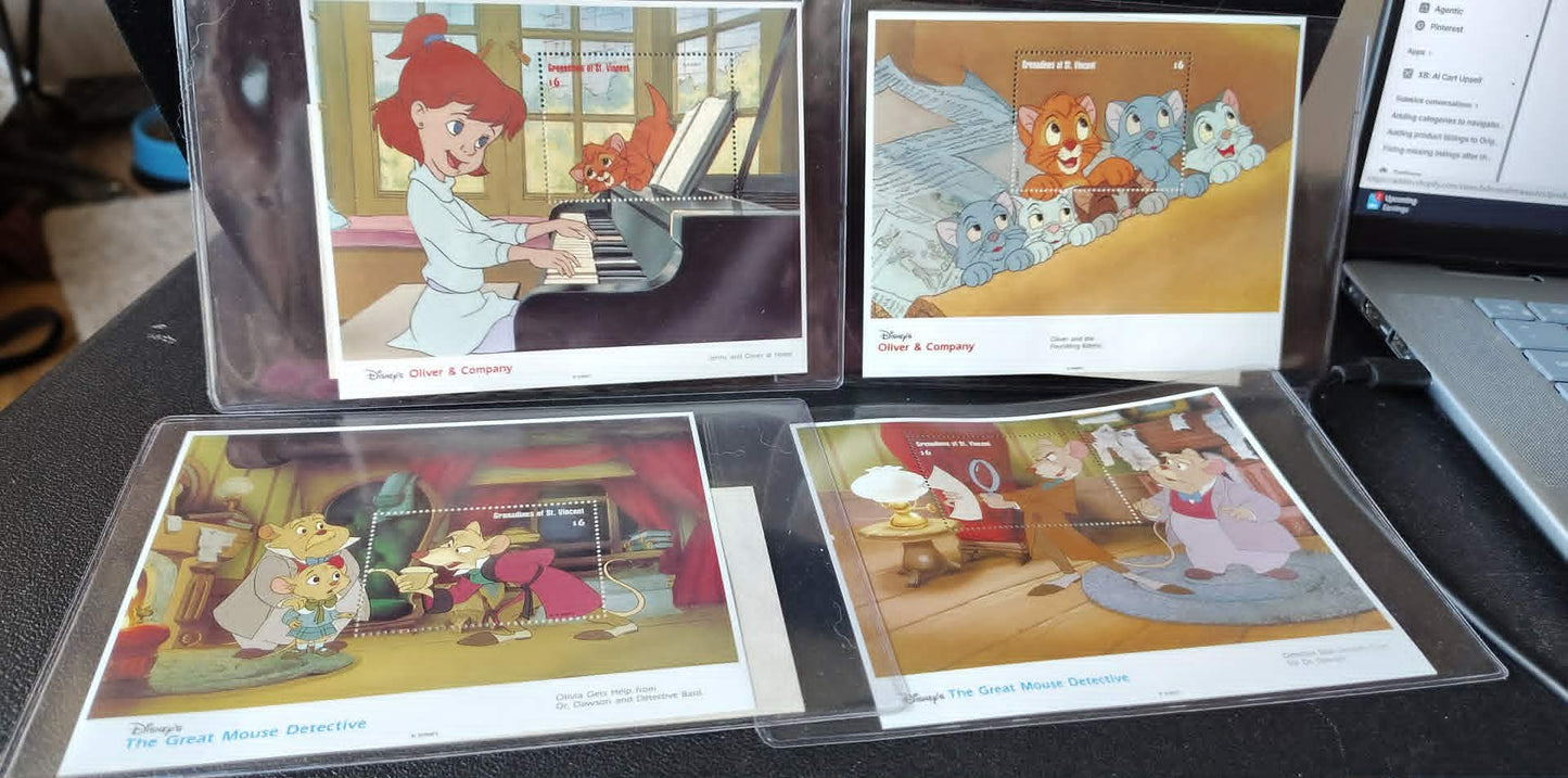 4 MNH sheets, 2 Oliver & Co, 2 Great Mouse Detectives, COAs