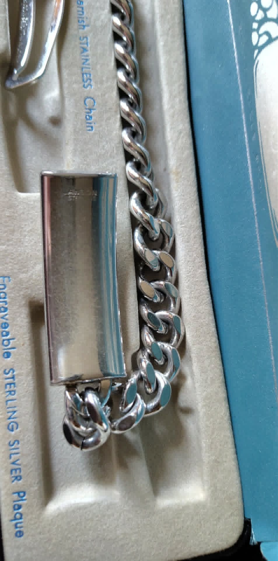 Vintage Anson double Twin-lock ID bracelet, sterling plaque, stainless chain