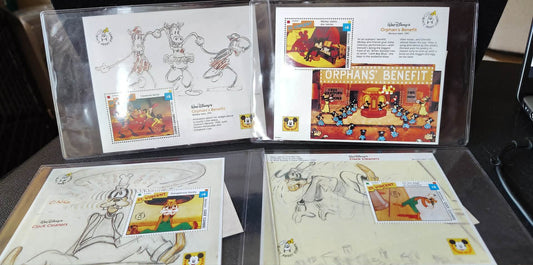 4 MNH ICS sheets, 2 Orphans Benefit, 2 Clock Cleaners, Mickey Goofy