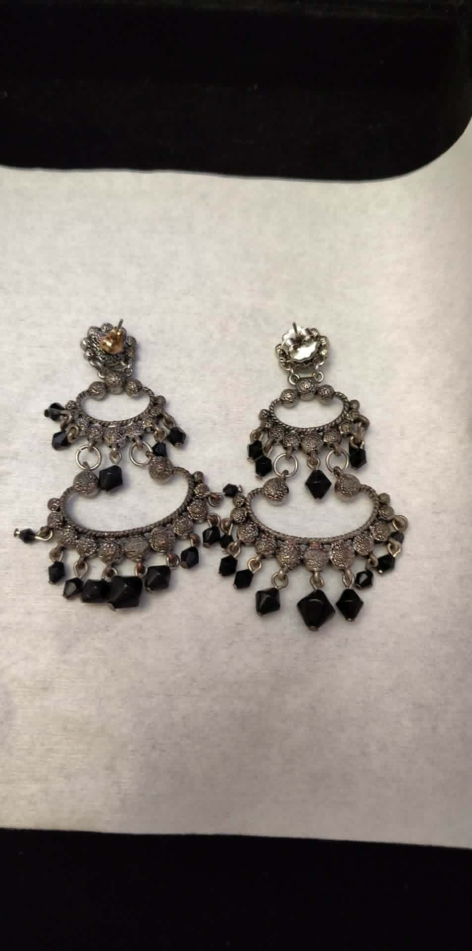 Vintage signed Avon smoky gray chandelier pierced earrings, black dangles
