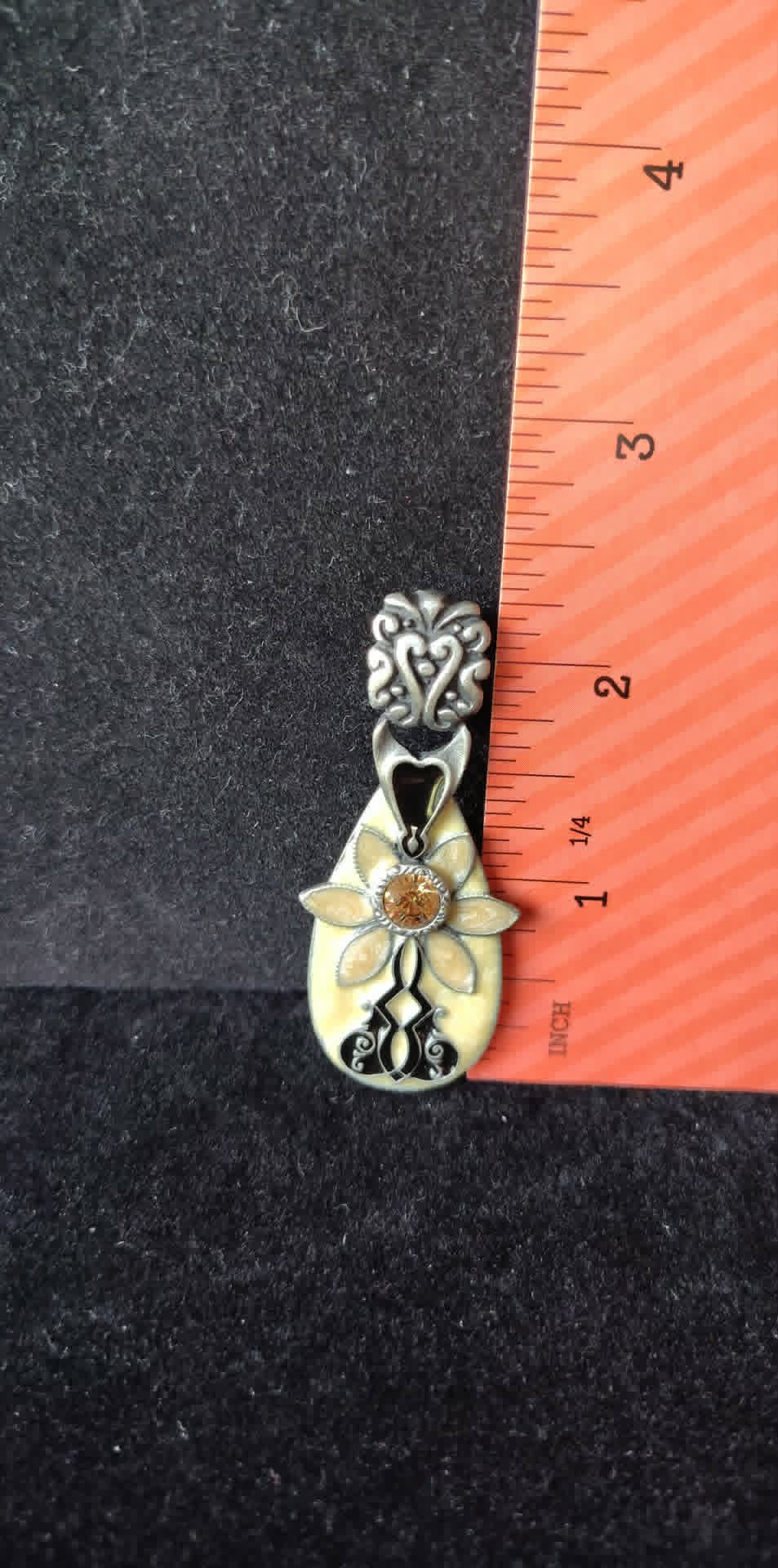 Vintage pewter enamel pendant, amber stone, beige & black