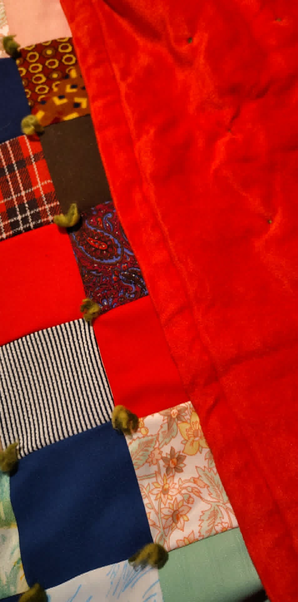Vintage 70's scrappy homemade 40x40 block lap quilt, double knit