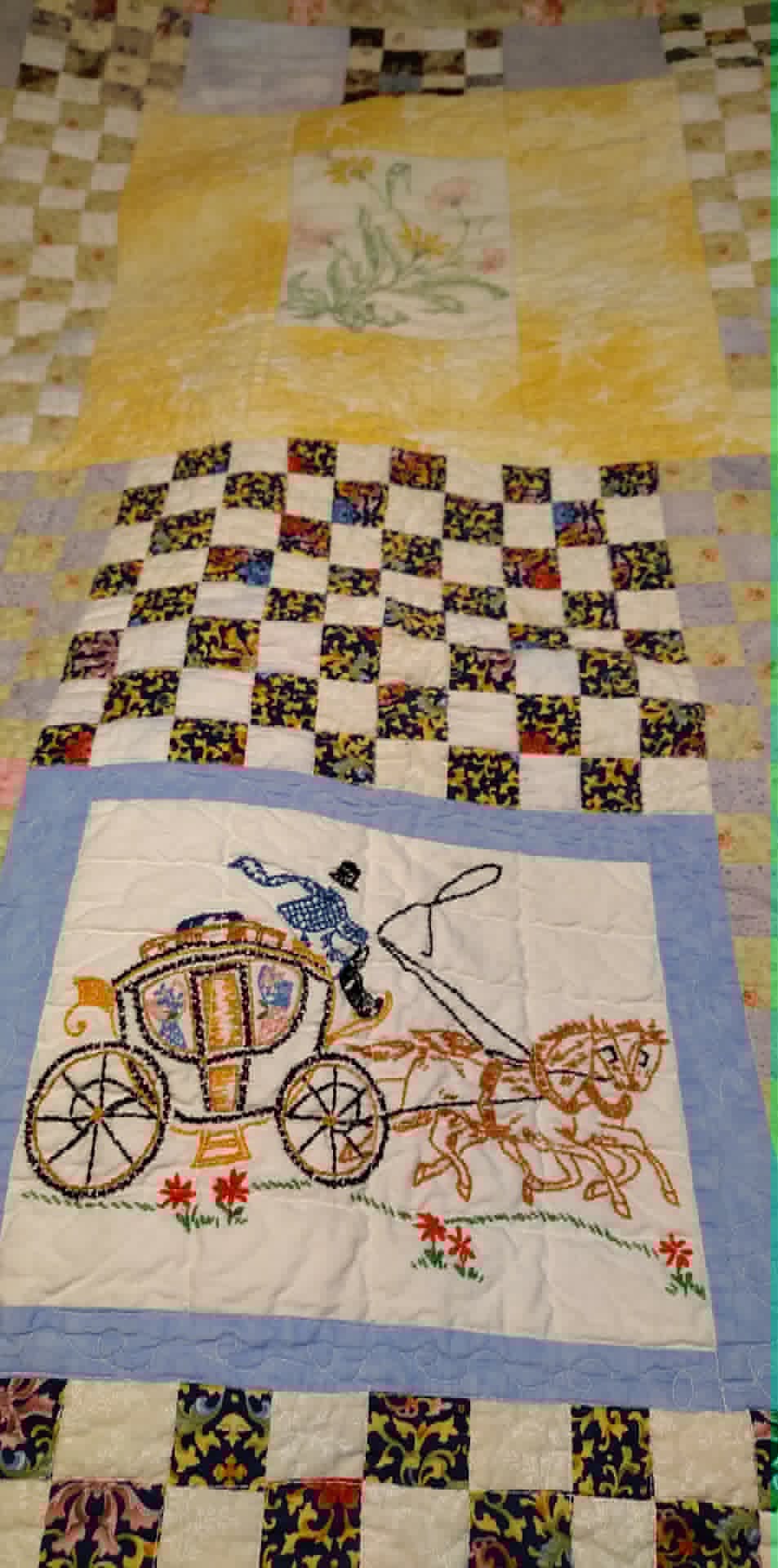 Vintage homemade checkerboard pastel 70x70 quilt, embroidered squares