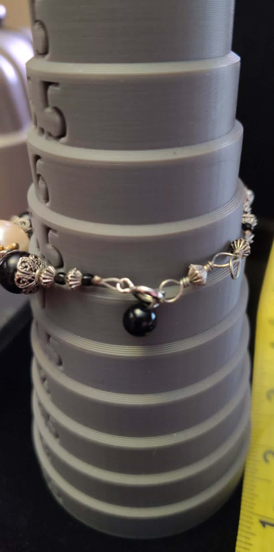 Estate bracelet faux pearl with black, gold & silver tone, size 6.5