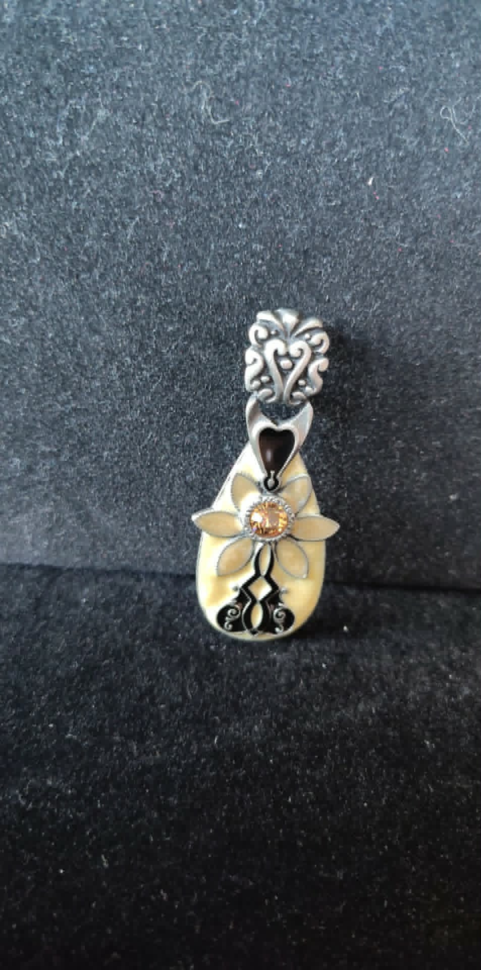 Vintage pewter enamel pendant, amber stone, beige & black