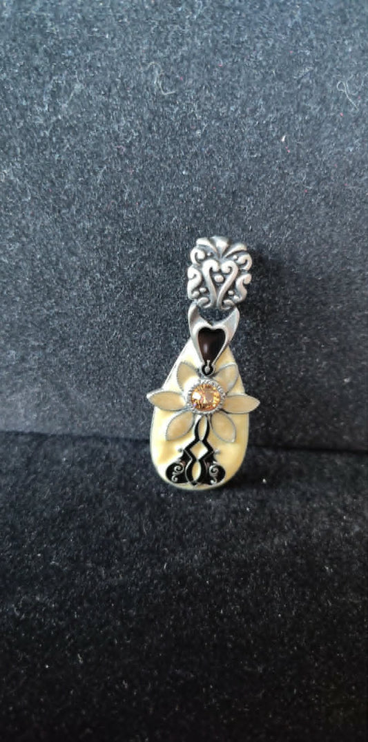 Vintage pewter enamel pendant, amber stone, beige & black