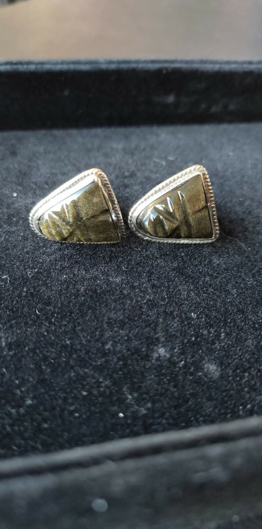 Vintage Hencho en Mexico 925 sterling silver Sheen obsidian cufflinks, signed JV