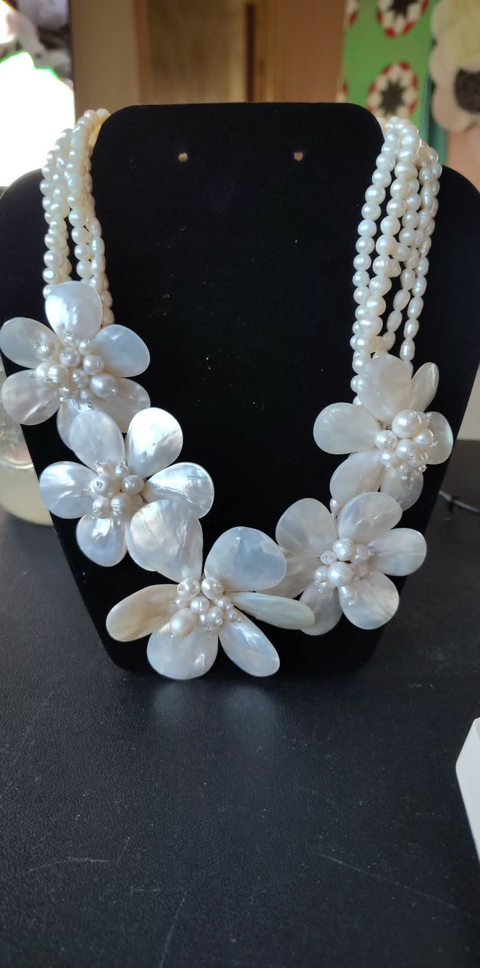 Vintage Freshwater baroque pearl 5 strand necklace with mother of pearl flowers