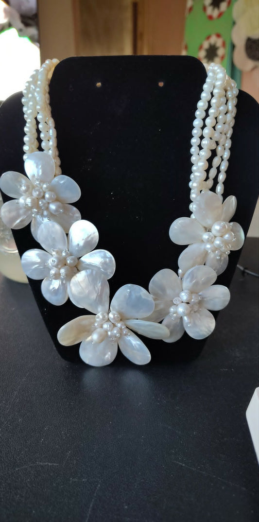 Vintage Freshwater baroque pearl 5 strand necklace with mother of pearl flowers