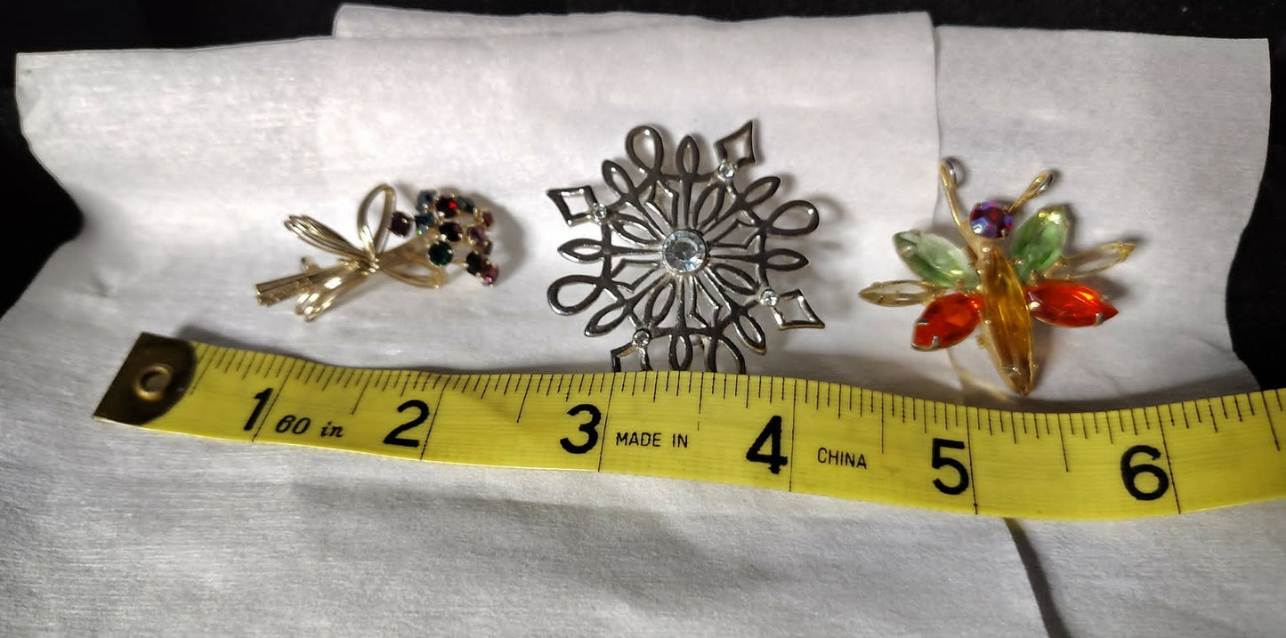 3 vintage brooches, flower bouquet, snowflake rhinestone, bug/butterfly