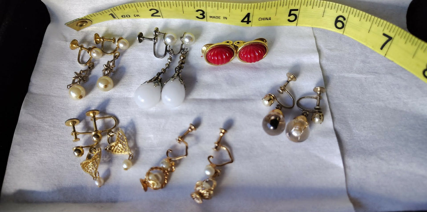 6pr non-pierced faux pearl, basket, globe, red, heart earrings vintage