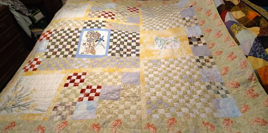Vintage homemade checkerboard pastel 70x70 quilt, embroidered squares