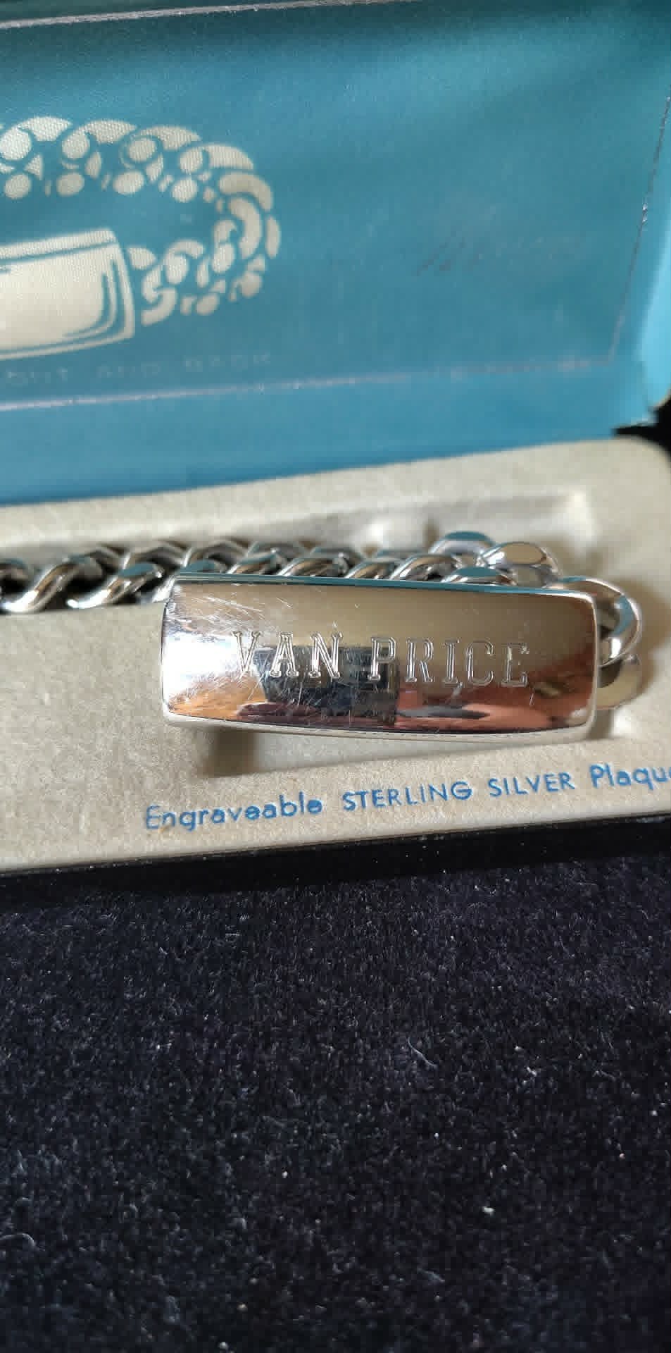 Vintage Anson double Twin-lock ID bracelet, sterling plaque, stainless chain