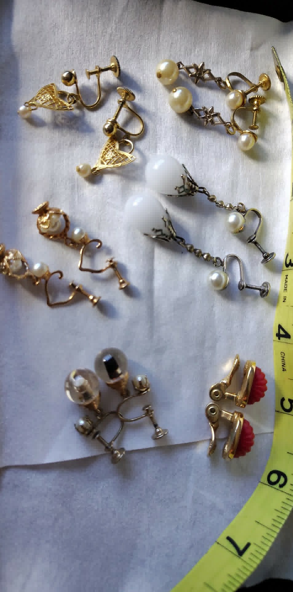6pr non-pierced faux pearl, basket, globe, red, heart earrings vintage