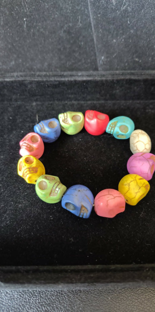 Multi-colored howlite skull day of the dead stretch bracelet