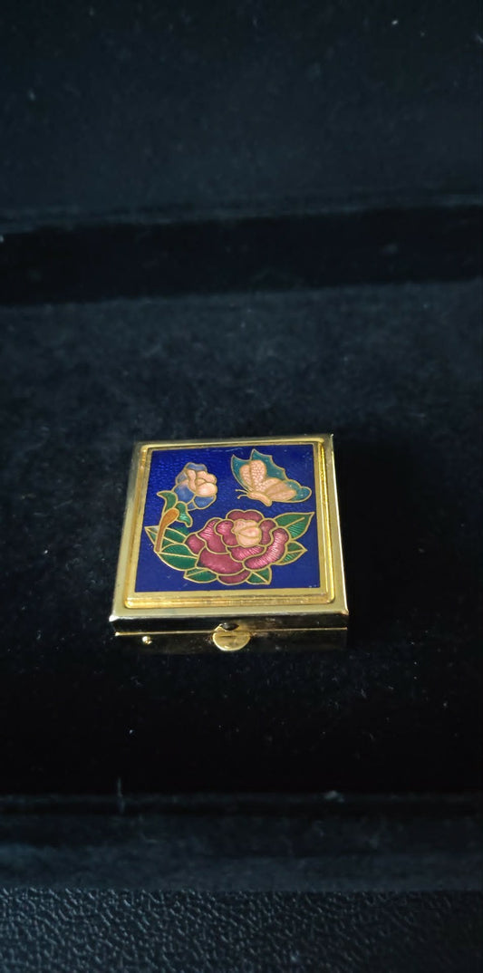 Vintage Cloisonne Enamel Brass square Pill box Butterfly rose blue Taiwan sticker