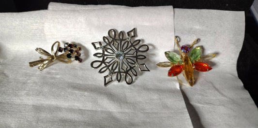3 vintage brooches, flower bouquet, snowflake rhinestone, bug/butterfly