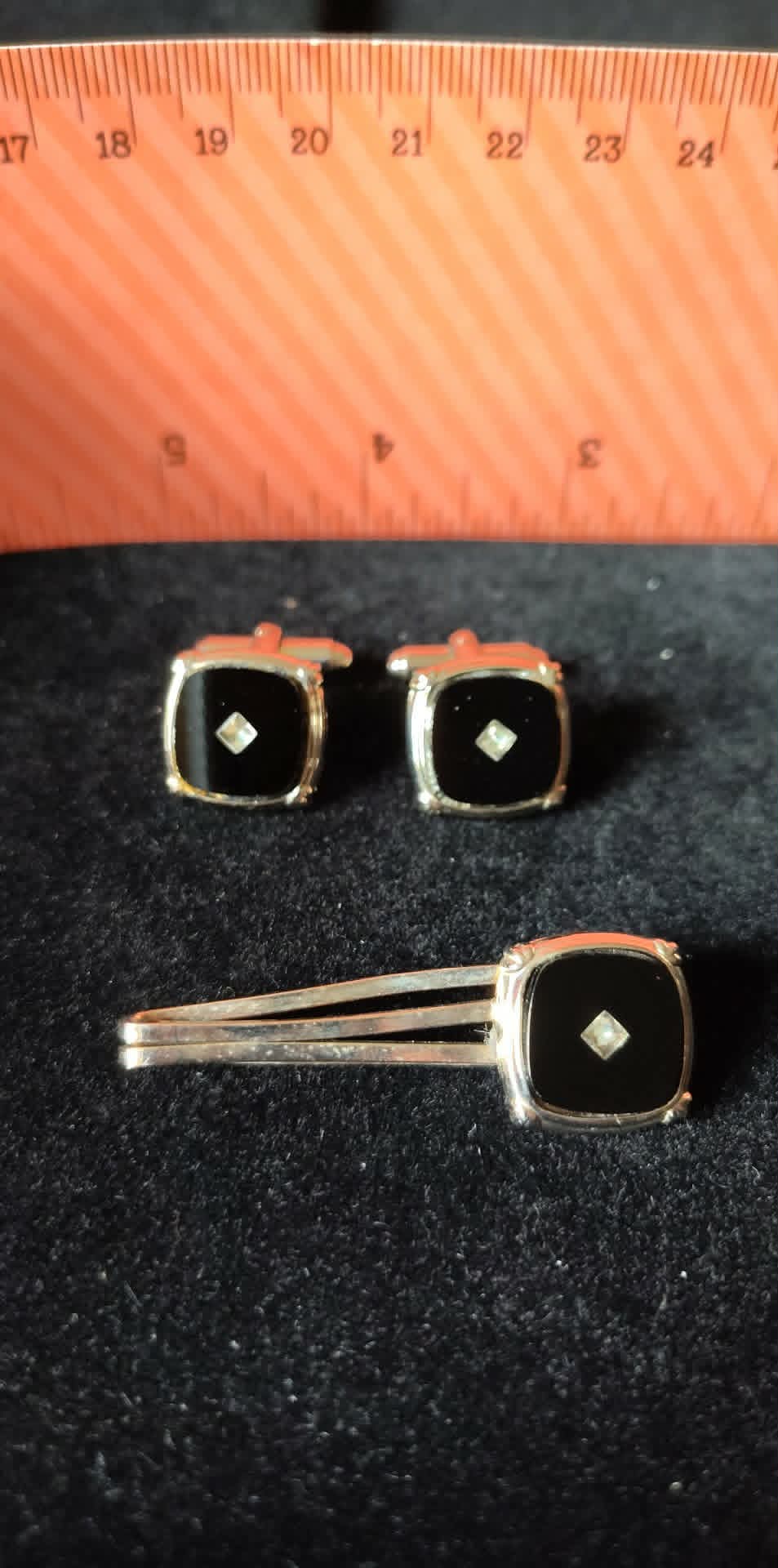 Vintage Black & rhinestone cufflinks & tie clip